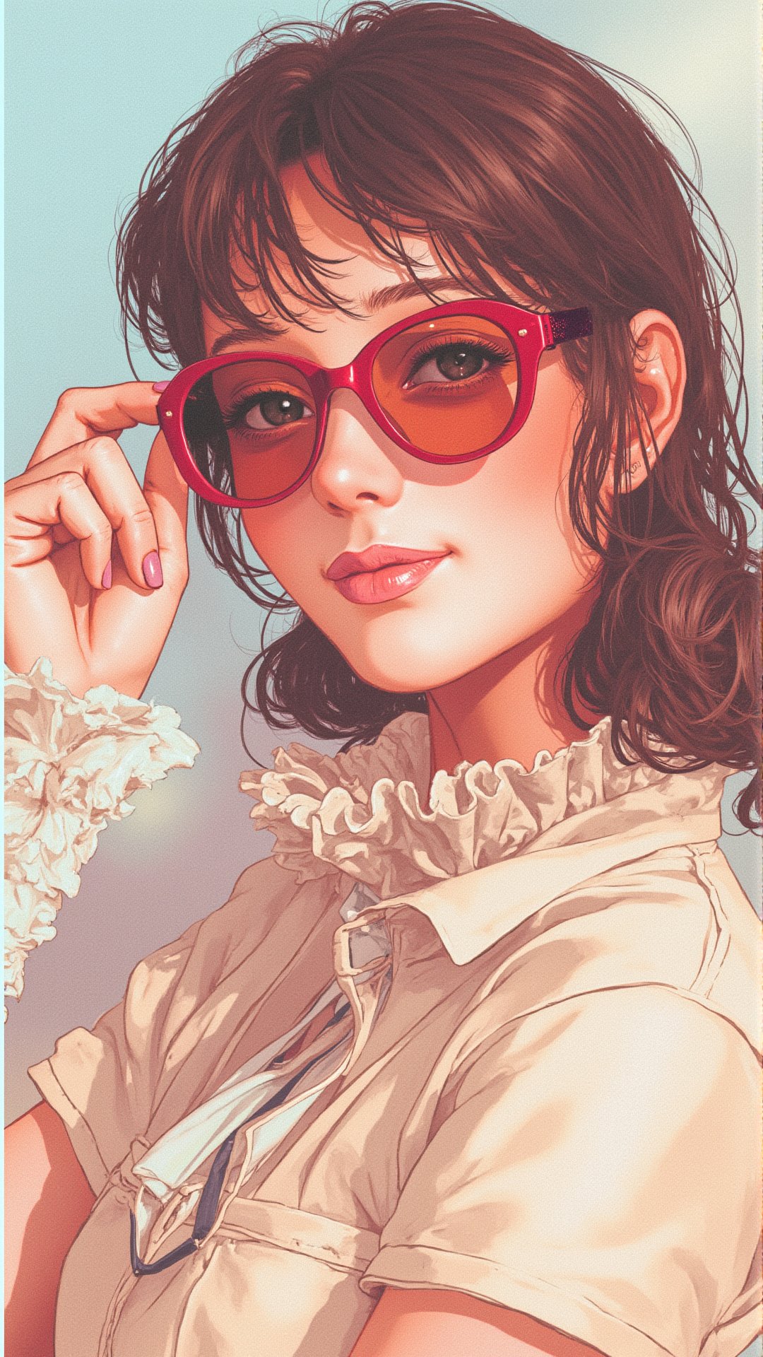 retro style,1girl, red glasses, smiling, realistic, 