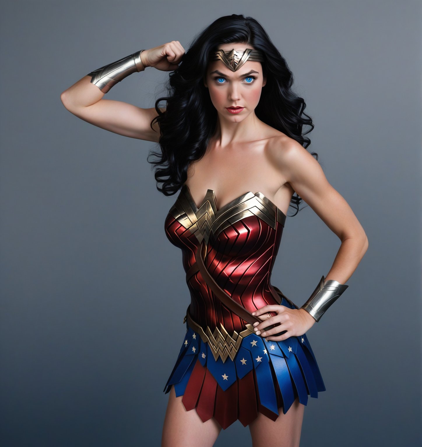 Wonder woman dress.Blue eyes.black hair