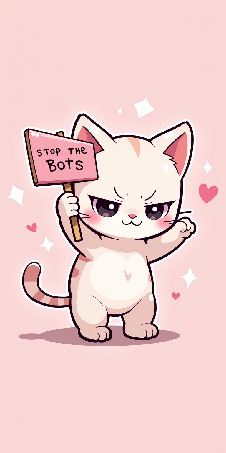 1cat,anime style,pastel colors,cute kitten,small kitten,baby kitten, angry look,cute look,((holding sign"stop the bots")),pastel colours 