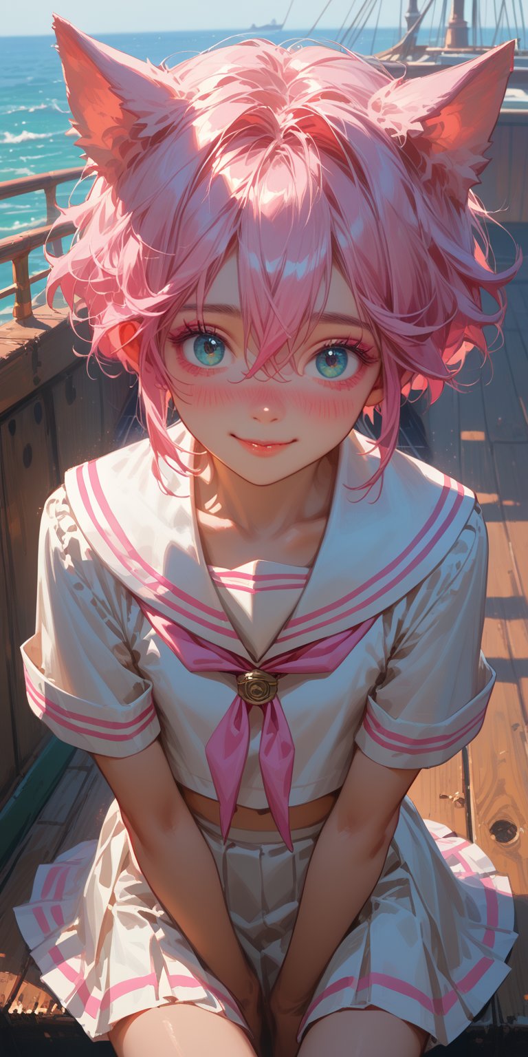 score_9, score_8_up, score_7_up, score_6_up, score_5_up, score_4_up, source_anime,(masterpiece, high quality, 8K, high_res),1boy,catboy, petite,cute,solo,,pink hair,heavy blush,smile,((((blue eyes,pink eyelashes,pink mascara))),,shy,,short hair,wolf cut,hair between eyes,(cat ears),(wearing a sailor uniform,flat chest,serafuku,berat, sailor skirt),on a  ship, from above 