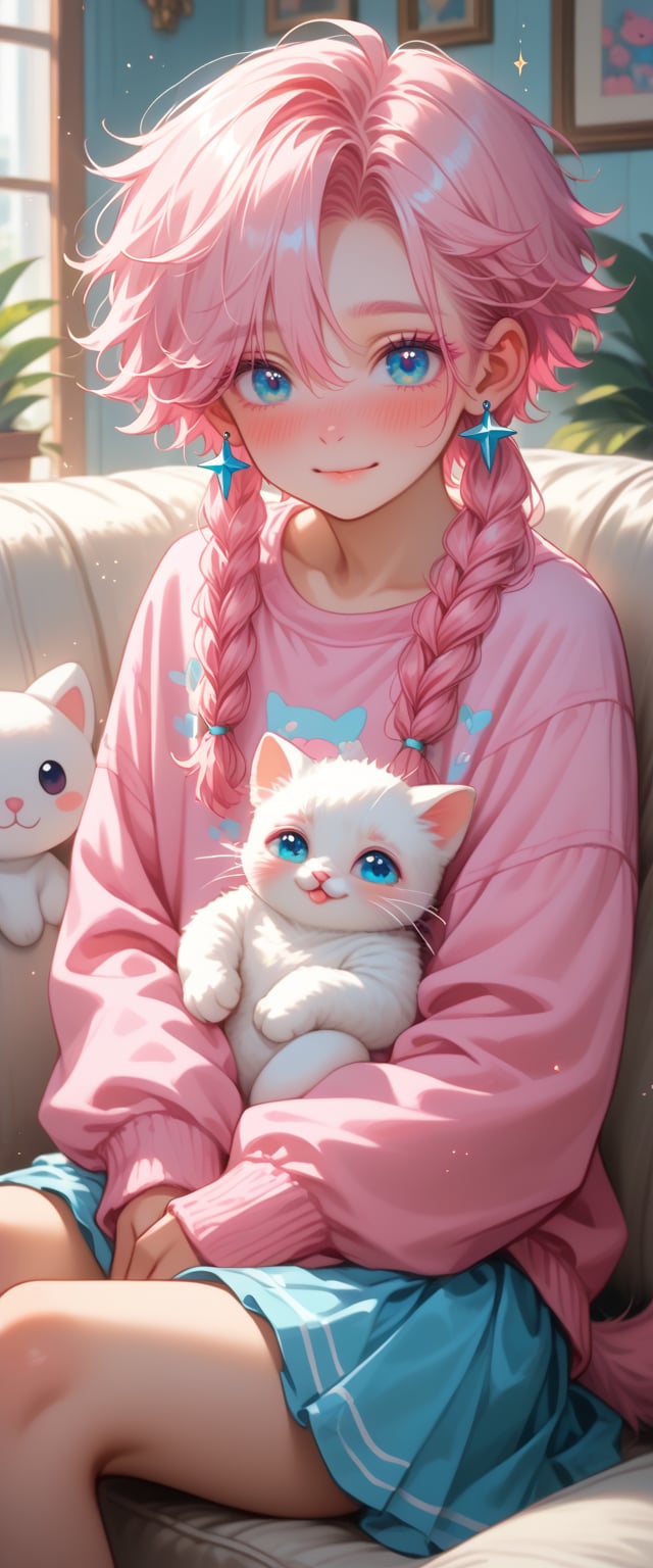 Cozy living room scene: A petite boy with pastel pink hair, styled in a wolf cut with locks framing his face, sits solo on a plush couch. His shy expression contrasts with his playful smile, as he tenderly hugs a white baby kitten. Heavy blush accents his cheeks, and his bright blue eyes sparkle behind pink eyelashes and mascara. He wears a sweet pastel-colored shirt and skirt combination. The camera frames the shot to emphasize the intimacy of the moment, with the background blurred to focus on the boy's gentle affection for the tiny feline companion.