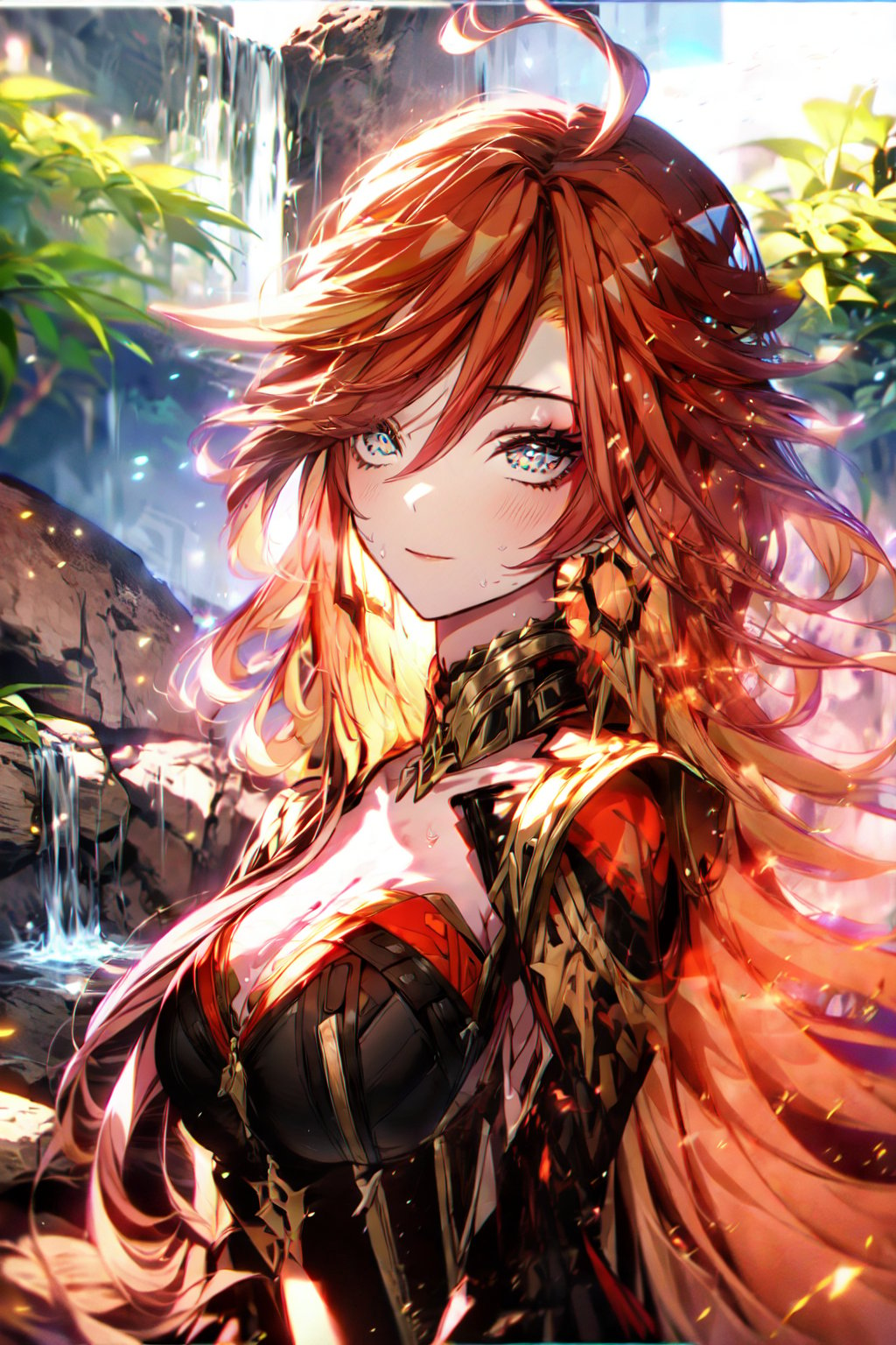 An animated image of a girl with long pink hair and blue eyes. She is wearing a black and red dress with white flowers on it. The girl is sitting on a rock in front of a body of water. There is a waterfall behind the girl. There are large rocks in the water behind her.midjourney,mavuika,tinted_eyewear,multicolored_hair,ahoge