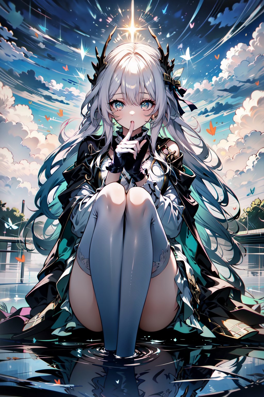 An animated image of an anime girl with long white hair and green eyes. She is wearing a silver armor with black gloves on her hands. The girl is sitting on a body of water that is splashing around her. There are white clouds in the background. There is a red rose on her head.midjourney,firefly \(honkai: star rail\),lora:felges1-000024:1