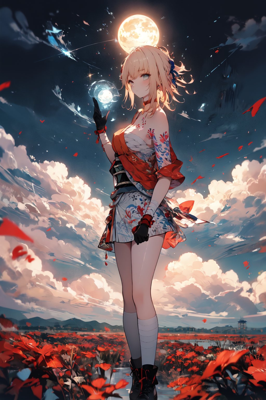 An animated image of an anime girl with long light brown hair and blue eyes. She is wearing a white dress with a black belt around her waist. Her boots are black with white laces. The girl is standing in a field of grass. The sky is blue with white clouds and the moon is visible in the top left corner of the image,midjourney,yoimiyadef