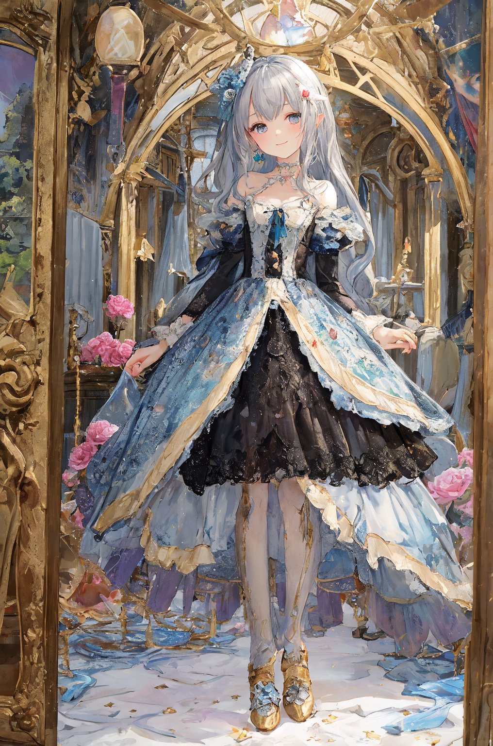 Prompt: Title: "Enchanted Whispers"In a mesmerizing visual masterpiece that exudes the finest quality, a single figure captivates the viewer with a gentle smile and a face of exquisite beauty, portrayed with meticulous attention to detail. The girl, with her silver hair styled in a delicate braid adorned with a ribbon, embodies a sense of ethereal charm in the style reminiscent of William Morris and the intricate illustrations by WOLP.Her captivating gaze meets the viewer's eyes with a sense of depth, drawing them into the enchanting world of art nouveau and ultra-detailed craftsmanship. The scene is bathed in cinematic lighting, accentuating the floral prints and delicate lace curtains that adorn the background, creating a dreamy atmosphere reminiscent of a watercolor painting with soft blending and organic shapes.Surrounded by a mini flower garden and a room filled with kawaii elements, from macarons to heart items and ribbons, the girl stands as a vision of elegance amidst the whimsical chaos. The room, a blend of pink gothic and pastel colors, exudes a sense of fairy tale charm with its miscellaneous goods and antimacassar draped over the dresser.In contrast to the girl, a lone elf boy with silver hair stands in a full-body shot, adding a touch of mystery and fantasy to the composition. The dollcastle in the background is adorned with stars, flowers, and gems, creating a cute and sweet illustration that evokes a sense of nostalgia and wonder.The room is filled with light blue and pink roses, macarons, and a variety of kawaii elements that enhance the whimsical atmosphere. The dollhouse features charming details like stars, hearts, and candies, all rendered in a flat color style that adds to the overall enchanting aesthetic.Authored by kyo8sai, this magnificent creation stands as a testament to the artist's creative prowess and was brought to life on 2024-09-03.The painting is signed 'kyo8sai' on the edge."Enchanted Whispers" is a visual symphony of beauty and charm, a fusion of art nouveau elegance and kawaii cuteness that transports the viewer to a world of magic and wonder. The delicate balance of detailed beauty and whimsical elements creates a sense of harmony and joy, inviting the viewer to immerse themselves in a realm where dreams come to life in the most enchanting way.,