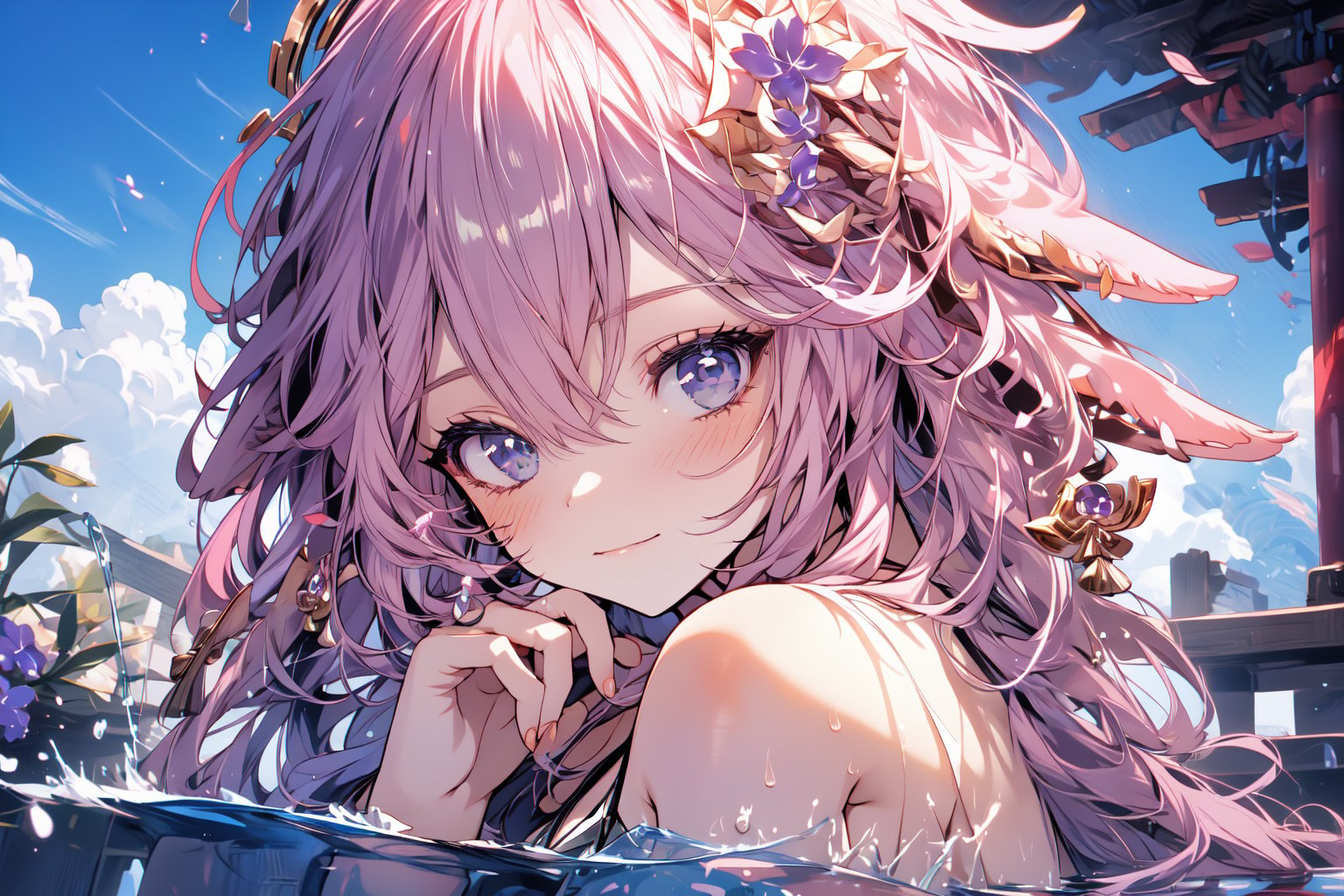 An animated image of an anime girl with long pink hair and blue eyes. She is wearing a white bikini top with a blue skirt underneath. The bikini top is tied with a black string. There are pink flowers on the bikini top. The girl is sitting in a body of water. The water is splashing around her. There is a blue sky in the background,midjourney,yaemikodef