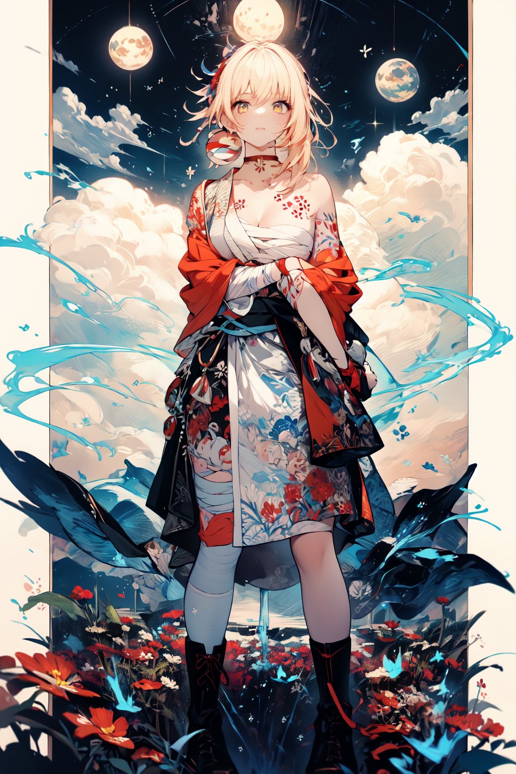 An animated image of an anime girl with long light brown hair and blue eyes. She is wearing a white dress with a black belt around her waist. Her boots are black with white laces. The girl is standing in a field of grass. The sky is blue with white clouds and the moon is visible in the top left corner of the image,midjourney,yoimiyadef