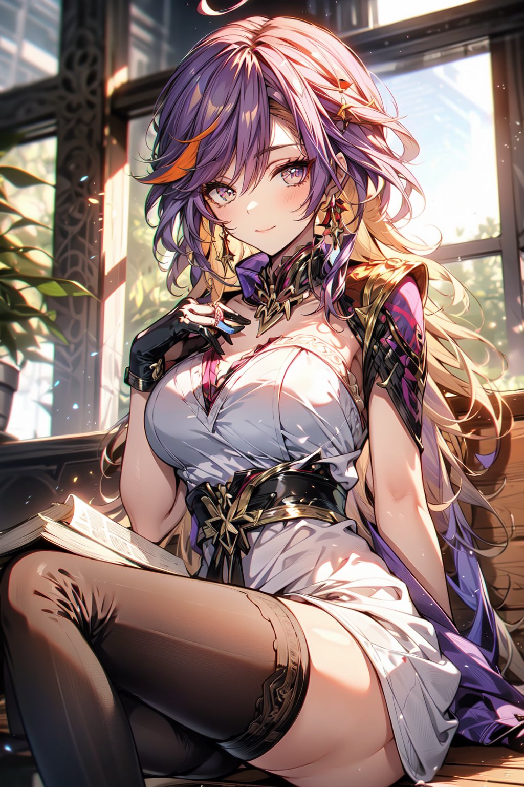 a cartoon girl is seated on a wooden bench. She is dressed in a purple and white dress, adorned with a purple scarf and black stockings. Her hair is tied up in a ponytail, and she is holding a book in her right hand. Her left hand is resting on her hip, while her left hand rests on her lap. The background is blurred, with a window on the left side of the frame.midjourney,mavuika,tinted_eyewear,multicolored_hair,ahoge