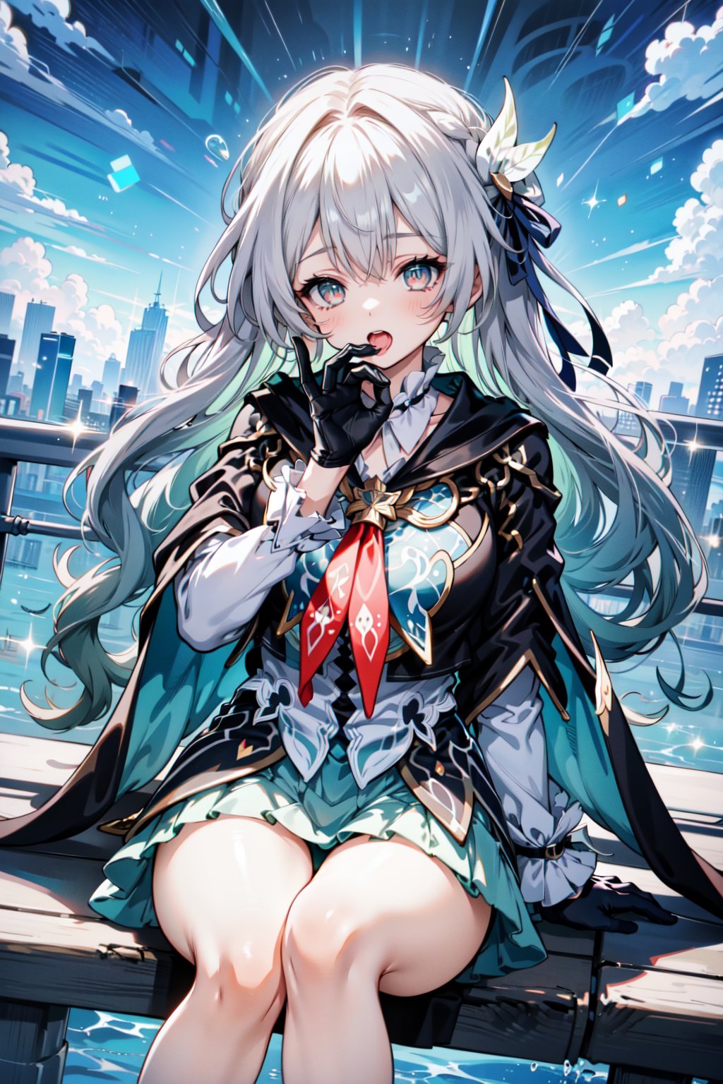 An animated image of an anime girl with long white hair and green eyes. She is wearing a silver armor with black gloves on her hands. The girl is sitting on a body of water that is splashing around her. There are white clouds in the background. There is a red rose on her head.midjourney,firefly \(honkai: star rail\),lora:felges1-000024:1