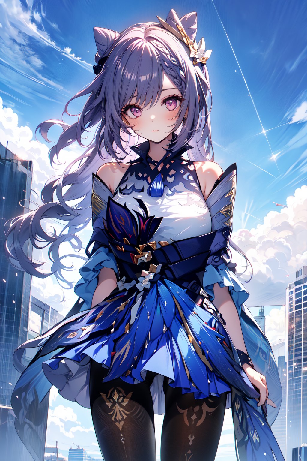 An animated image of a girl with long blonde hair and a red rose in her hair. She is wearing a white corset with a blue bow around her waist. Her wings are spread out behind her and she is flying in the air. There are tall buildings in the background. The sky is dark blue with white clouds,midjourney,keqingdef,upshirt