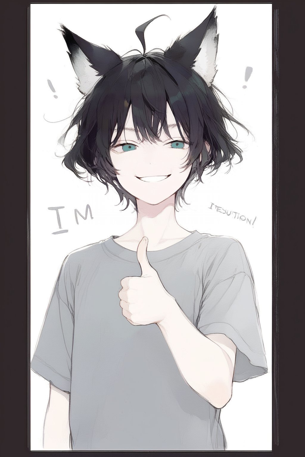 masterpiece, best quality, absurdres, high resolution, extremely detailed, 1boy, pale_skin, black_hair, fox_ears, shullet, turquoise_eyes, confident smirk, giving thumbs_up, oversized grey shirt, minimalist background, sketchy rough style, text saying 'I'm delusional', soft lighting,ahoge