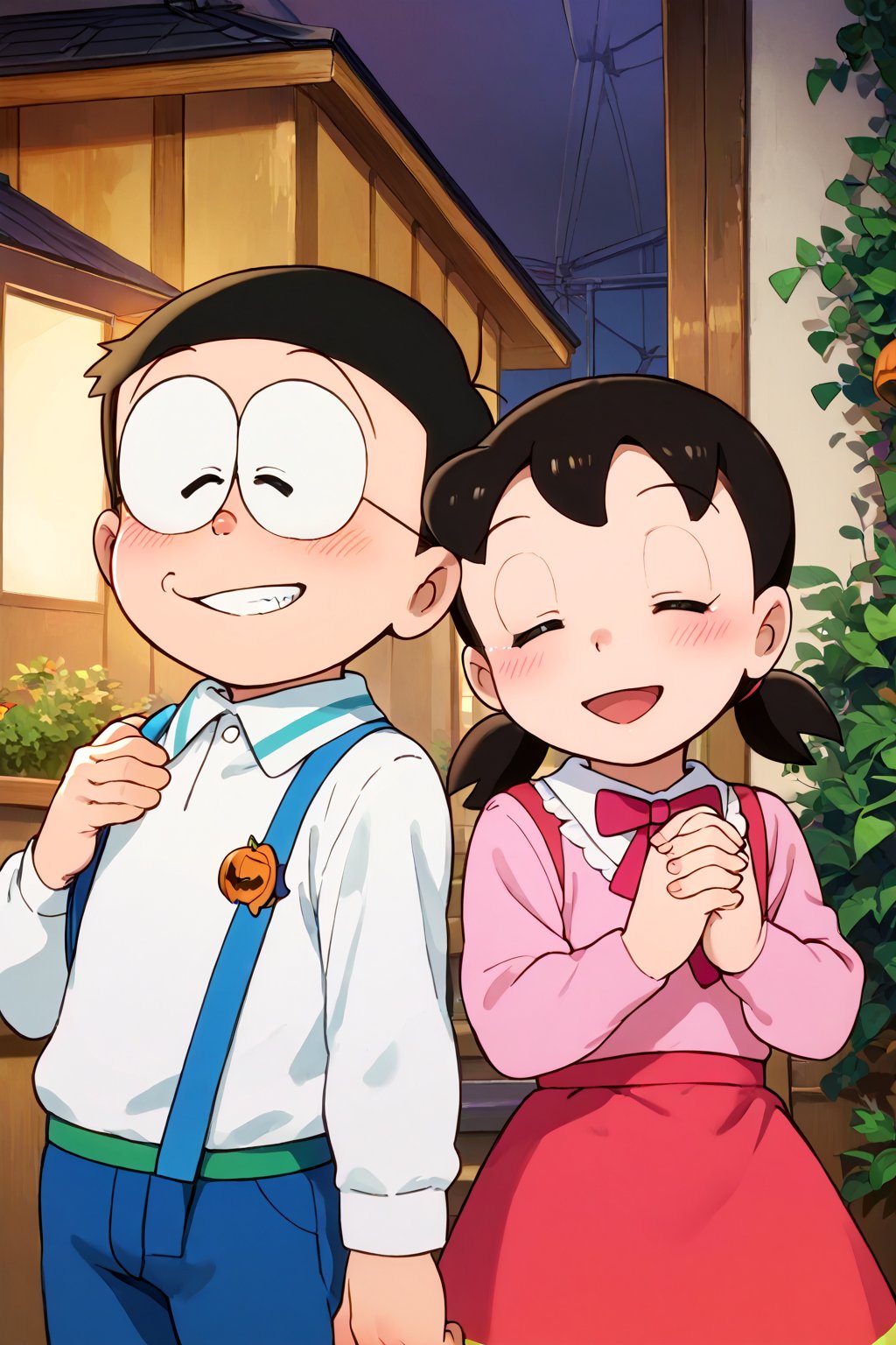 score_9, score_8_up, score_7_up, score_6_up, score_5_up, score_4_up, source_anime, ((nobi_nobita_glasses)), (couple, hetero, 2person), 1girl, 1boy, holding hands, smile, blush, closed eyes, minamoto shizuka, low twintails, halloween, halloween costume,masterpiece, best quality,