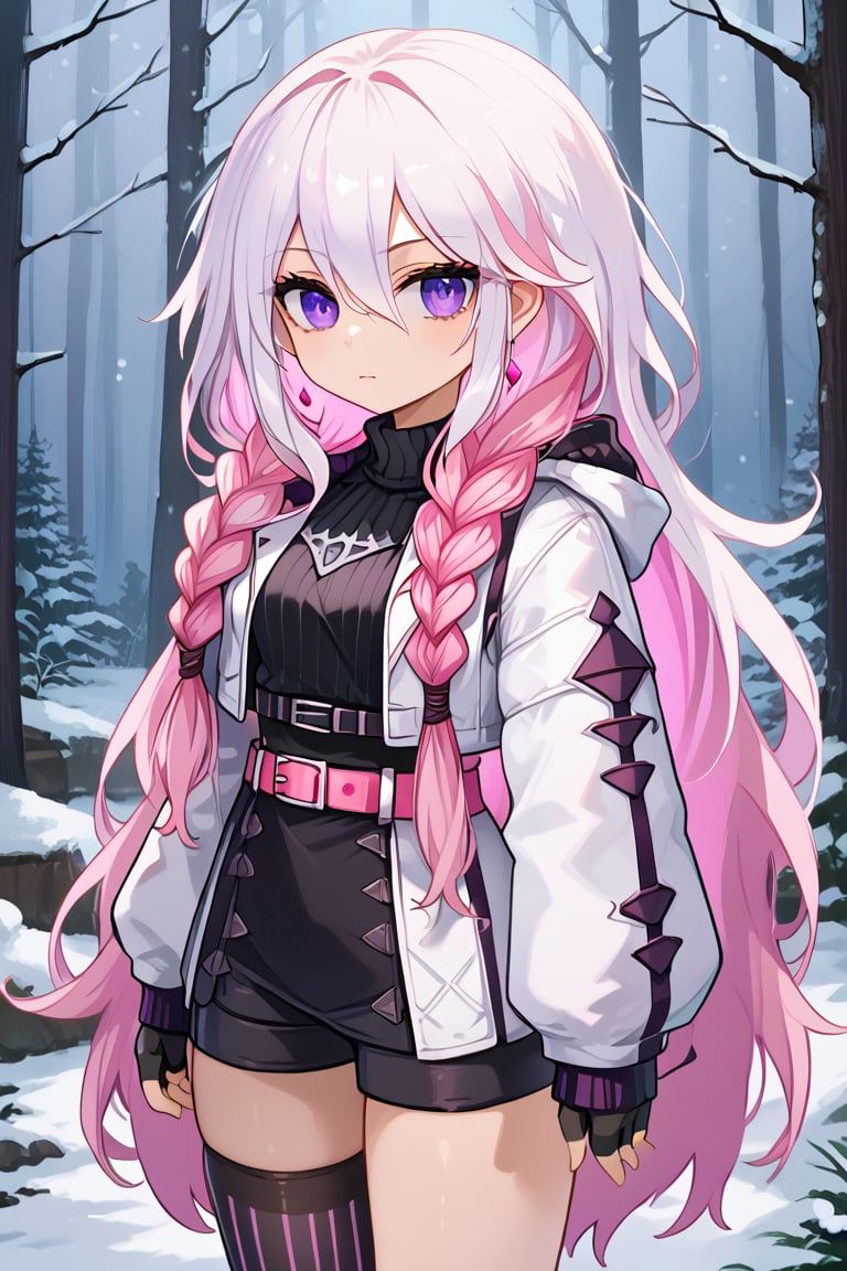 astellar, multicolored hair pink hair, white hair purple eyes, twin braids, very long hair, hair between eyes white jacket, cropped jacket, black shirt, black fingerless gloves, pink belt, black short, single thighhigh, striped thighhigh, snowy forest white light night,