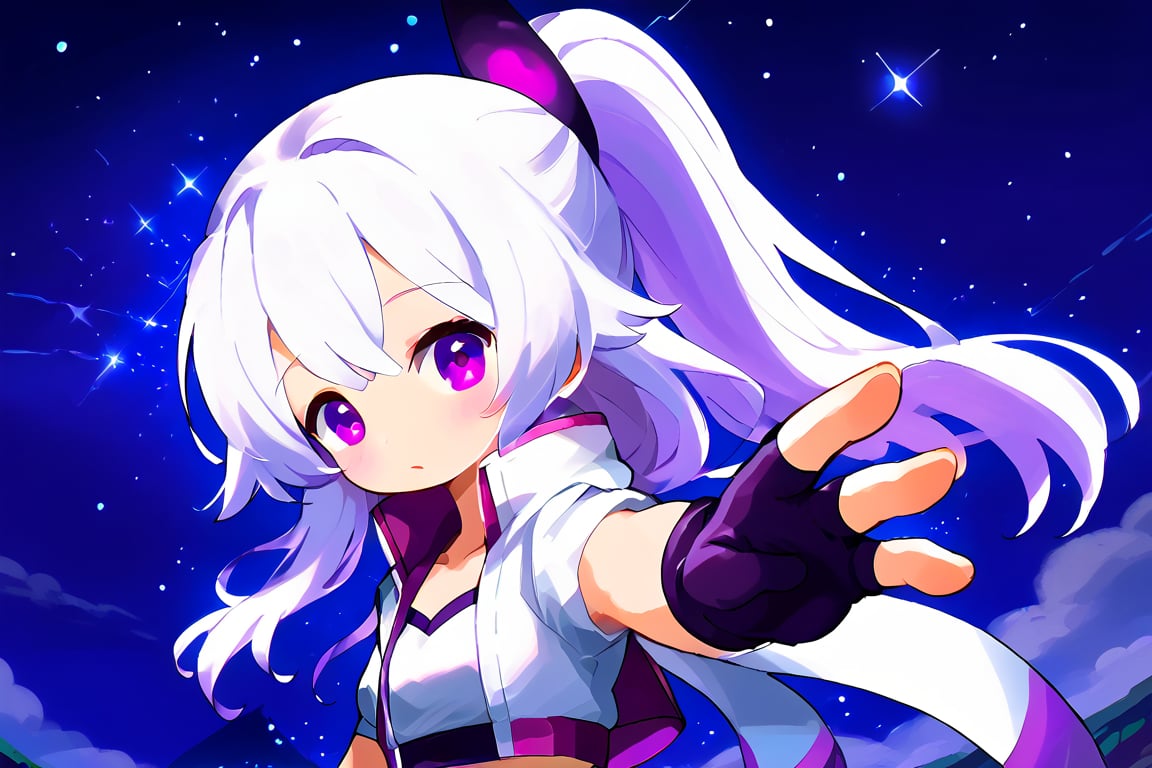 hoshino, purple eyes, white hair, long hair, ponytail,fingerless gloves, cropped jacket white coat on a purple starry night purple frame