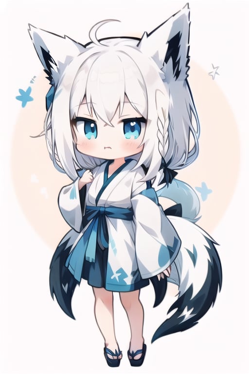  Shirakami Fubuki long hair, animal ears white hair blue eyes, fox spirit girl, chibi