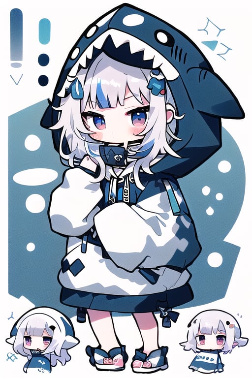 gawr gura, blue hoodie, shark hood chibi
