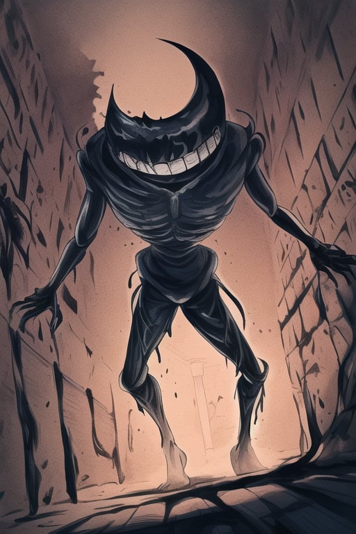 In a dimly lit, abandoned cartoon studio, Bendy's twisted form emerges from the shadows. His once-human body now contorts into a grotesque mass of black, viscous ink. The air is heavy with malevolent intent as he stalks his prey through crumbling hallways and dusty studios. A lone figure, unsuspecting and vulnerable, is drawn to his inky grasp like moths to a flame. As they succumb to his dark allure, Bendy's being swallows them whole, transforming them into mindless, ink-encased abominations, forever trapped within his dark, inky abyss.