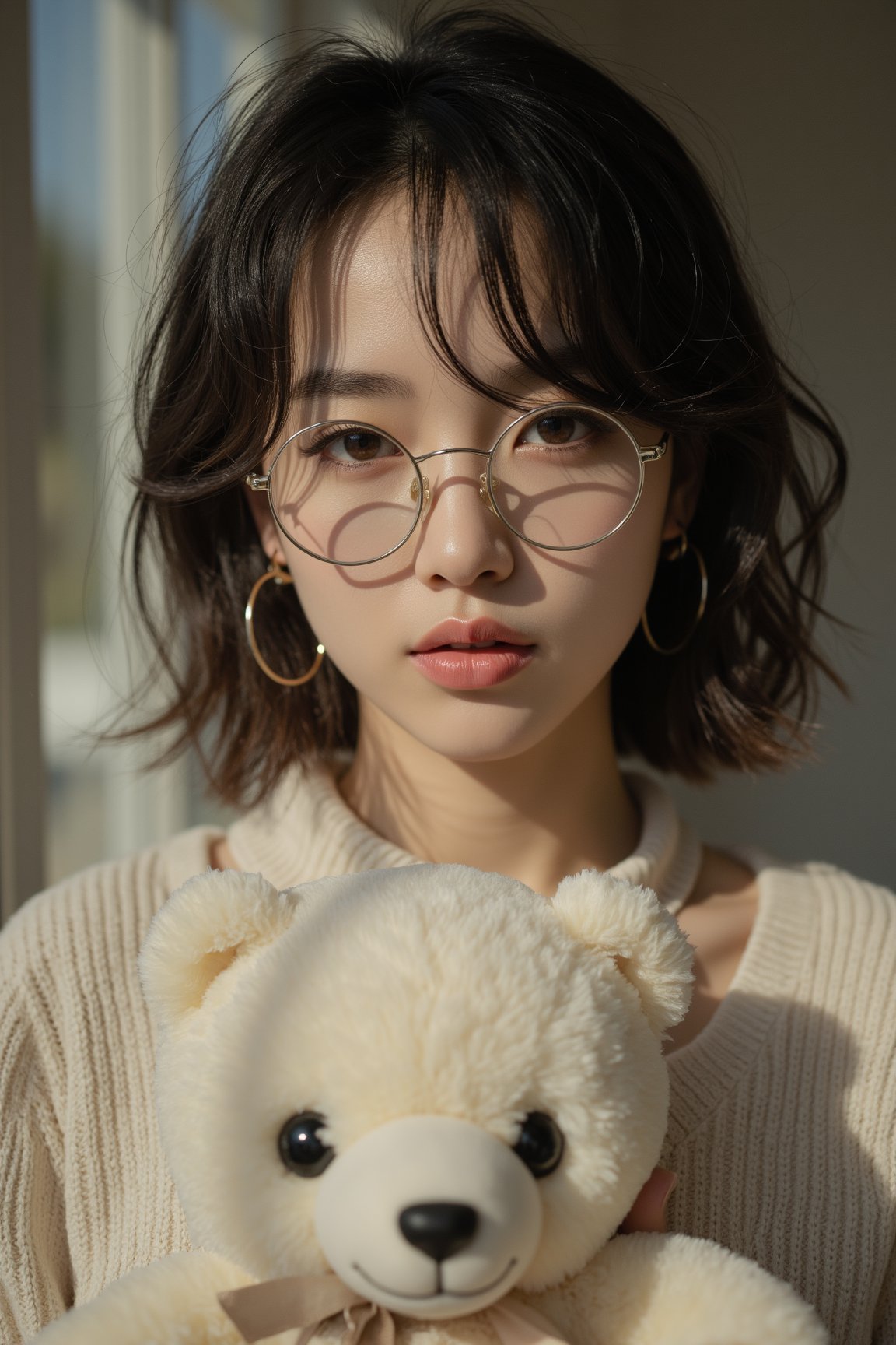 (masterpiece, cinematic, photorealistic, realistic details, dynamic light & pose, high quality, perfect lighting), Beautiful Woman with dark hair, wearing round glasses, (holding a tiny cute and adorable white plush fluffy chibi-style teddy bear with large black eyes)