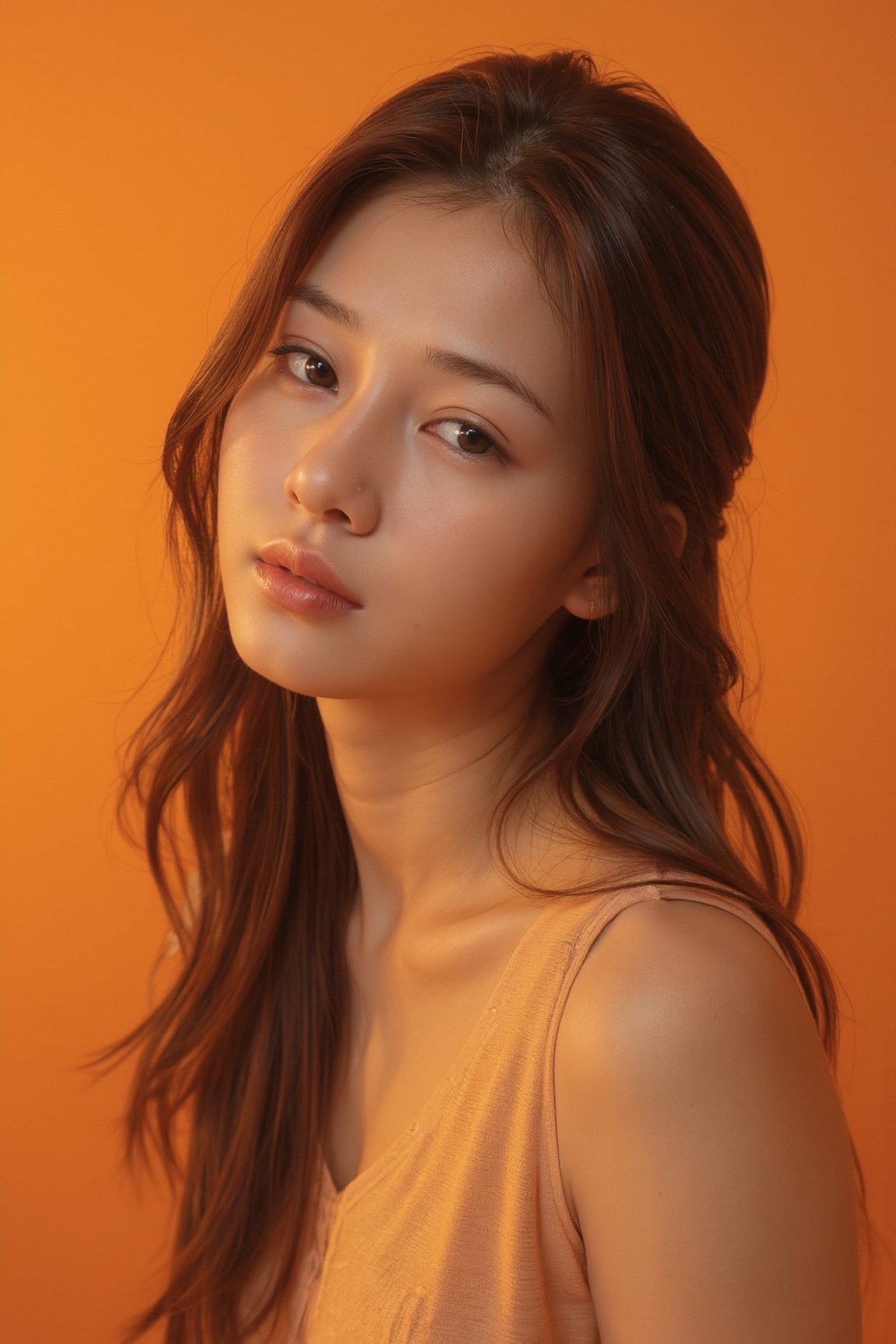 photography, orange hue, 1 cute girl, k-pop idol star, solid orange backdrop, using a camera setup that mimics a large aperture, f/1.4 --ar 9:16 --style raw, close up, fluttering hair, dreamy atmosphere, detailed eyes, key light
