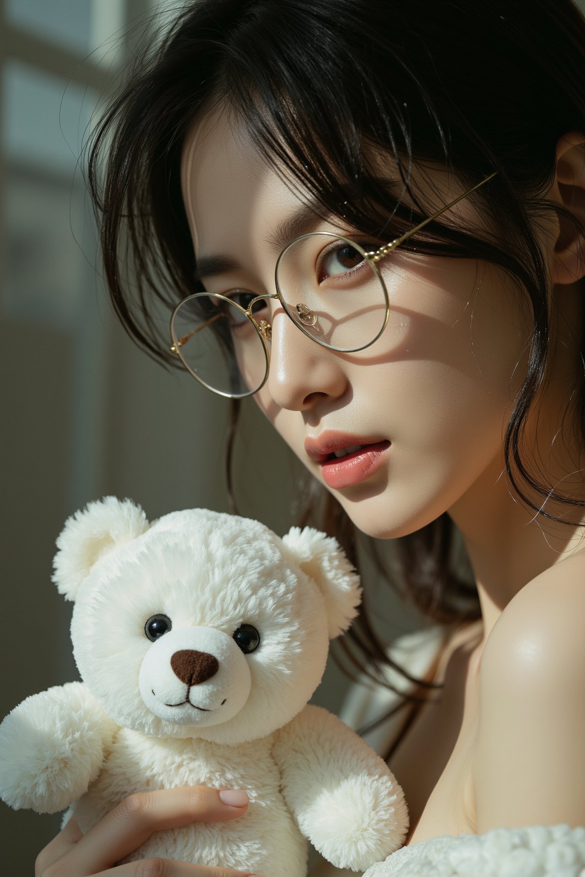 (masterpiece, cinematic, photorealistic, realistic details, dynamic light & pose, high quality, perfect lighting), Beautiful Woman with dark hair, wearing round glasses, (holding a tiny cute and adorable white plush fluffy chibi-style teddy bear with large black eyes)