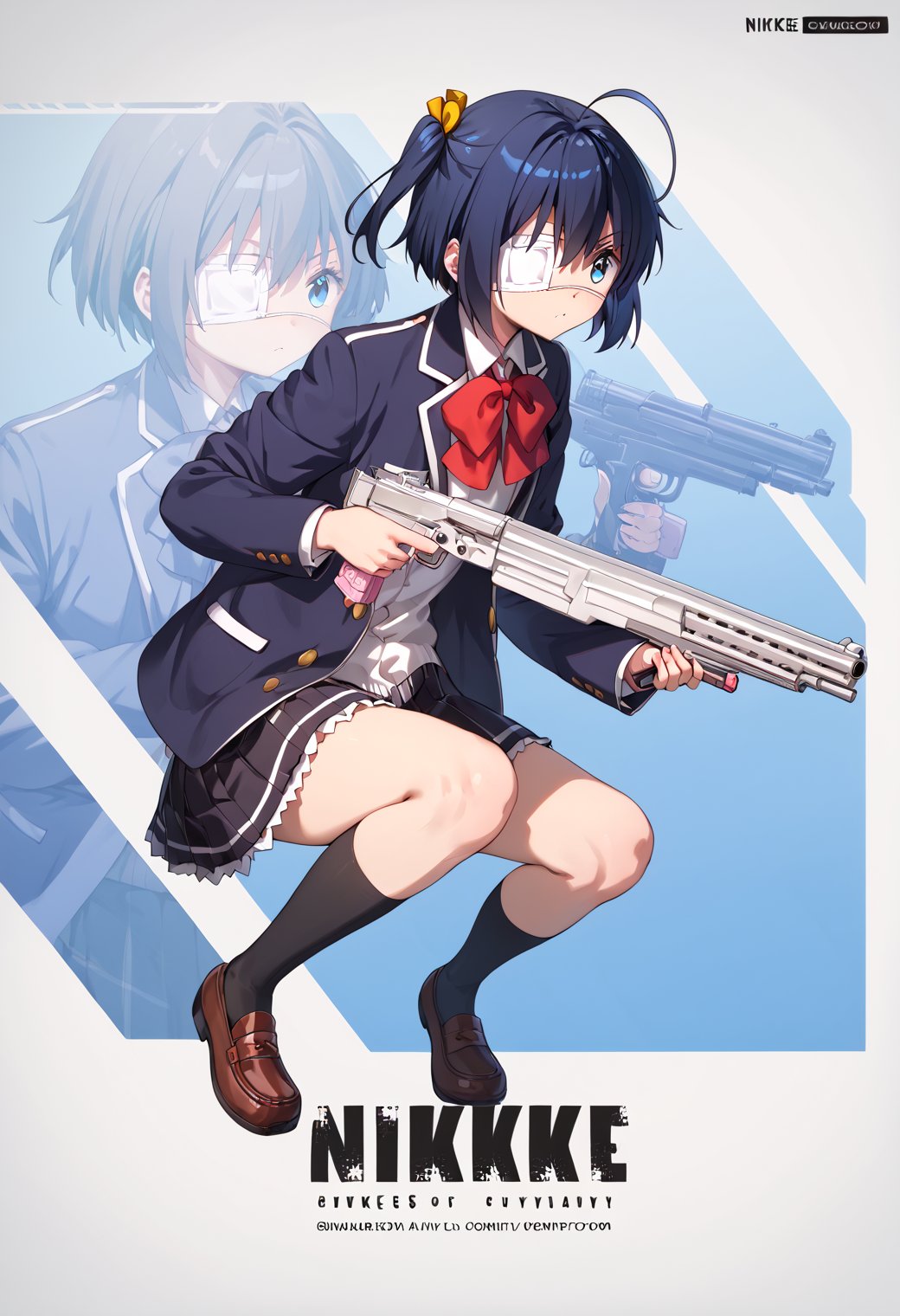 1girl,solo,,rikka takanashi, short hair, blue eyes, black hair, ahoge, one side up, eyepatch, medical eyepatch,skirt, school uniform, jacket,,score_9, score_8_up, score_7_up, source_anime, 1girl, IncrsNikkeProfile, full body, zoom layer, on one gun, holding gun, [lora:NikkeProfileV2_XLPD:1]