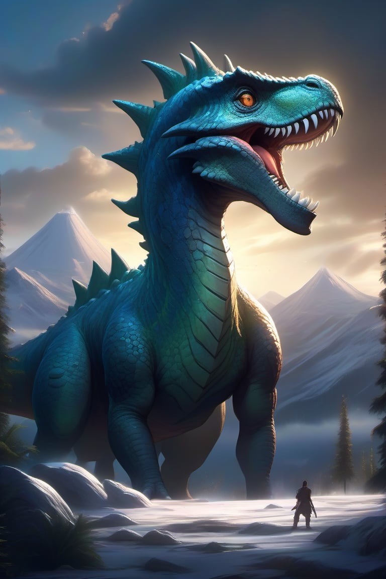 A majestic shot of a luminous dinosaur perched atop a gleaming crystal mountain, bathed in soft, ethereal light. The dinosaur's elongated head is pointed towards the right, its mouth aglow with an otherworldly tongue, as a black energy flows from its lips, emphasizing its regal stance. Wavy lines above form a whimsical arrow pointing rightward. In the foreground, three shining buttons adorn the base, one featuring the numeral 8.0. The atmosphere is infused with Quetzacoatl's creative energy, radiating magic and wonder, as the dinosaur's glowing eyes shine forth from amidst the crystal landscape, devoid of human presence.