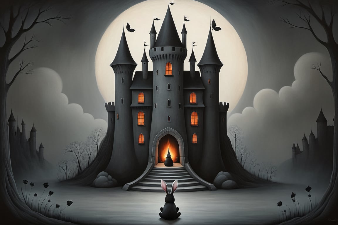 Painting in art style of Nicoletta Ceccoli, Daria Petrilli and Anton Semenov, minimalist style. Painting of a dark sinister castle with a magical chimney and rabbit plushes. No human. Feeling of forboding, creepy, fear, darkness. --no human.