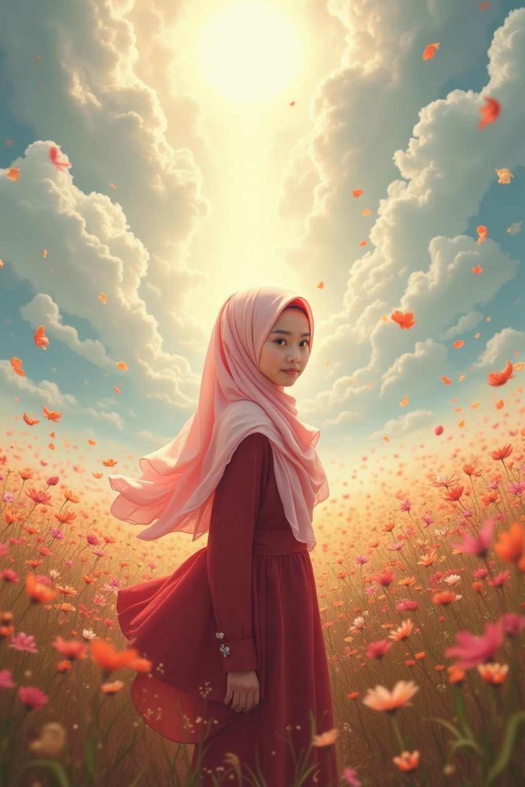 This is a highly detailed digital close-up and tilt shot artwork in a bright fantasy style, intricate tetradic colors in every details, a  22 years old malay girl, looking at viewer, head tilt, leaning forward, A lone girl with light pink layered flowy loose hijab with vibrant, wearing  maroon dress, stands in windy flower field with grass, sun glare, heavenly cloudy sky, (clouds spiral:0.8), a macabre tapestry of clouds reaching towards viewer, falling petals, light cascading from an unseen aperture above. A low camera angle emphasizes the girl's with the overwhelming warm vibes.