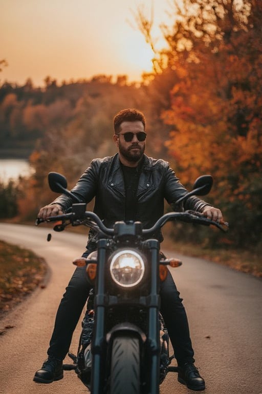 "A cool, confident man rides a classic motorcycle down a scenic, autumn-lined road at sunset. He wears a black leather jacket and sunglasses, exuding a modern biker style. The background features a peaceful river surrounded by trees, with the warm glow of the sun setting on the horizon. The fallen leaves on the road create a sense of motion, as they scatter in the wind behind him."