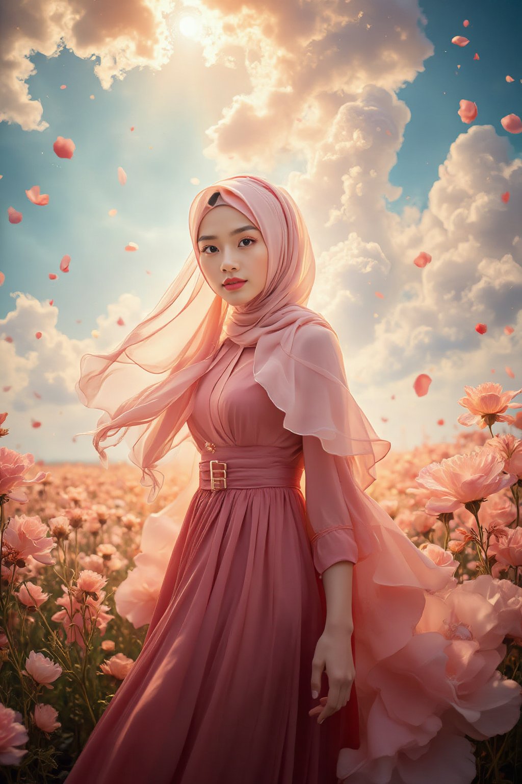 This is a highly detailed digital close-up and tilt shot artwork in a bright fantasy style, intricate tetradic colors in every details, a  22 years old malay girl, looking at viewer, head tilt, leaning forward, A lone girl with light pink layered flowy loose hijab with vibrant, wearing  maroon dress, stands in windy flower field with grass, sun glare, heavenly cloudy sky, (clouds spiral:0.8), a macabre tapestry of clouds reaching towards viewer, falling petals, light cascading from an unseen aperture above. A low camera angle emphasizes the girl's with the overwhelming warm vibes.