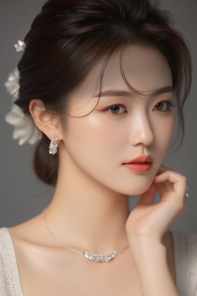 Realistic portrait of a beautiful Korean woman with her hair in an elegant updo, wearing delicate earrings and a sparkling necklace. Her serene face glows softly, and the light reflects off the jewels, emphasizing her elegant beauty. The background is softly blurred to highlight her features. cinematic lighting,