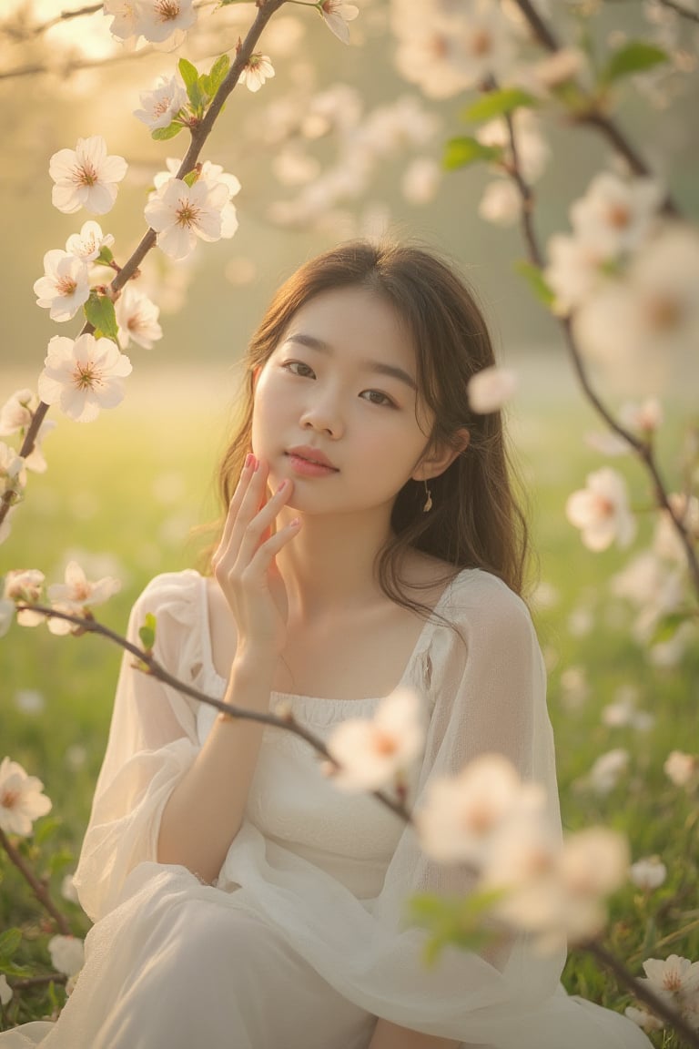 A serene and idyllic scene unfolds as a lovely asian girl sits poised on flower garden, surrounded by pear blossoms. The camera captures her gentle smile and playful pose, with the pear blossoms framing her features. Soft, warm sunlight filters through the misty air, casting a soft glow over the tranquil setting.