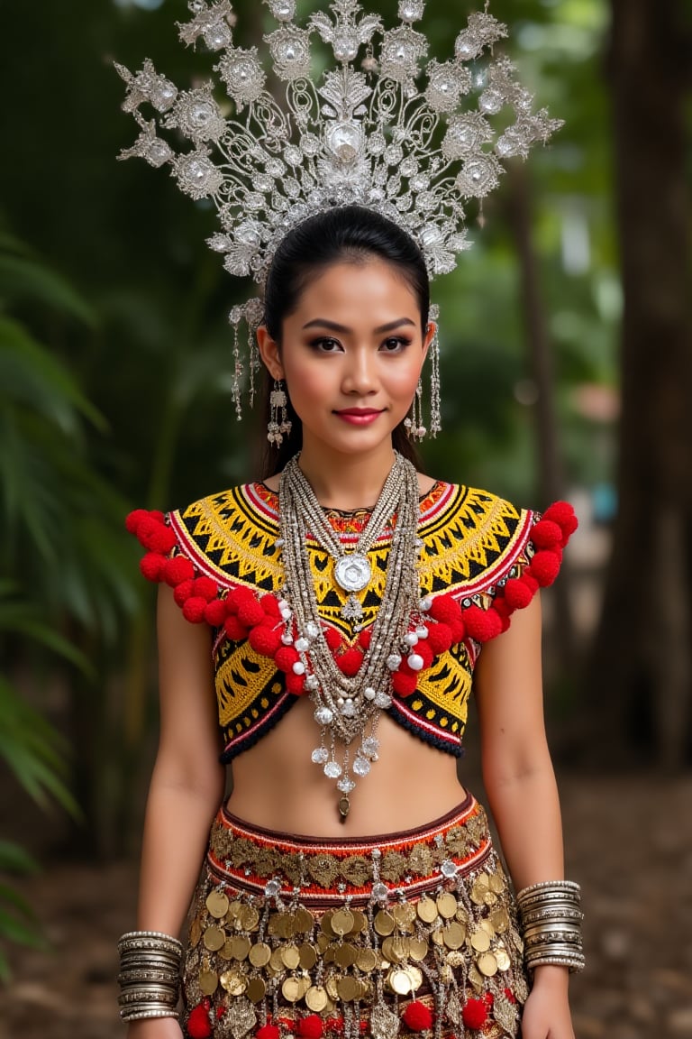 
The full body image depicts a woman wearing a traditional IbanAttireXmiya from Sarawak, Malaysia, characterized by intricate craftsmanship and vibrant colors. She dons a silver, floral-adorned headpiece known as a "Sugu Tinggi," symbolizing beauty and prestige. Her beaded top, called "Baju Marik Empang," is detailed with yellow, red, and black geometric patterns, accented by red pom-poms along the edges, showcasing the Iban's beadwork artistry. Around her waist is a belt made of gold or brass coins, adding an element of opulence, while her arms are adorned with multiple bangles, enhancing the ceremonial elegance. The outfit is worn during important cultural events, reflecting the heritage and pride of the Iban people.perfect anotomy perfect hand.beautiful fingers .perfect image model.