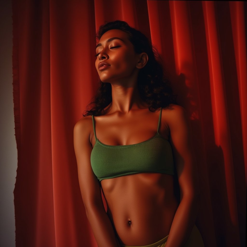 old film photograph wide angle realistic very sharp of full body sleeping beauty fat-chested, very muscular, athletic woman wearing a green crop top sleeveless, closed eyes, dreaming, dark skin, thin, volumetric light, we see her belly button. Carmen Solomons, black hair. Background: red curtains. sunset light on her face.