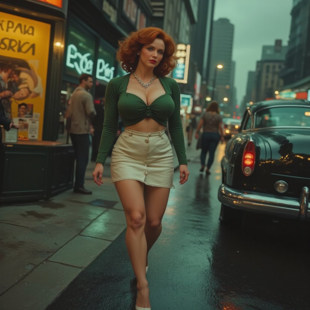 (ultra realistic,32k, masterpiece:1.2),(high detailed skin:1.1),( high quality:1.1), (masterpiece, best quality) (wide angle : full body) A striking color photograph  of the 1950s captures the essence of a confident, gorgeous nicely breasted, a bit muscular, redhead young Christina Hendricks in her early thirties, exuding a strong presence. She walks in the middle of a very detailed 1950s New York Broadway street at blue hour, yellow neons and blue neons, advertising posters for theatrical plays, She has a 1950s haircut, She wears a detailed very open green crop top, and a white short skirt, elegant 1950s silver necklaces. She commands attention. Background : Broadway, 1950s cars, blue hour. RETRO  ,Midjourneyart 