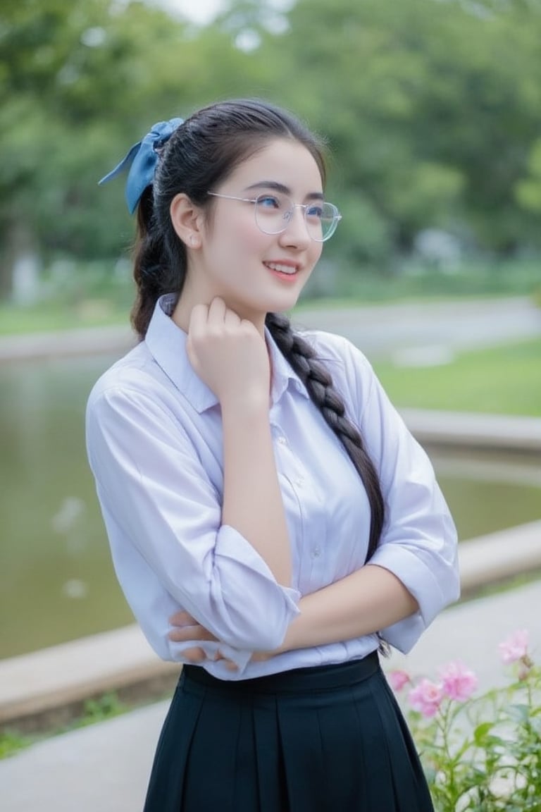 Portrait of A high school girl with long hair braided bangs hairstyle in a ponytail tied with a blue ribbon,wearing a white long-sleeved shirt with a short black tie and a long black skirt, clear-framed glasses. stands by the water. She looks crossed arms, smiles and seems to be enjoying the moment. The background has trees and flowers, suggesting that this may be a park or recreational area near the river.