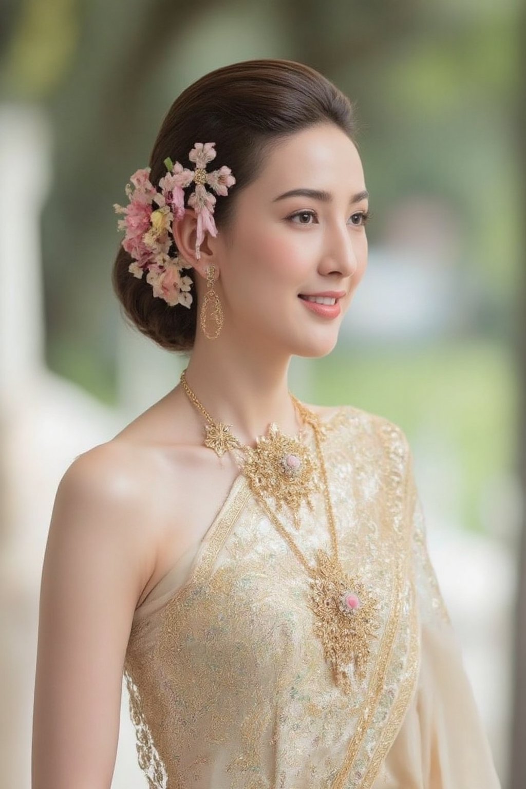 Portrait of a beautiful Thai woman Wearing a peple Thai silk dress,  embroidered and decorated with exquisite jewelry. and...