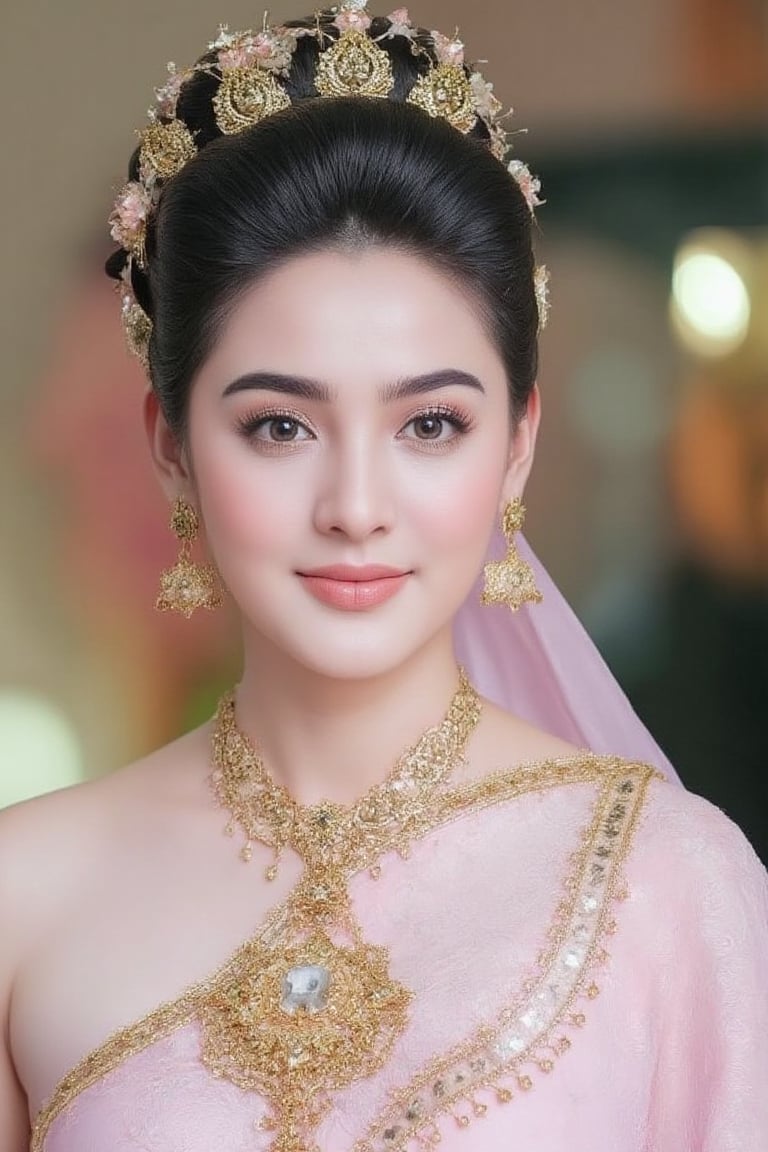 Portrait of a beautiful Thai woman Wearing a light pink Thai silk dress, embroidered and decorated with exquisite jewelry. and flower-patterned hair clips Her hair was neatly styled. And she smiled softly Eyes looking at the camera In a bright and elegant atmosphere Suitable for formal occasions or ceremonies.