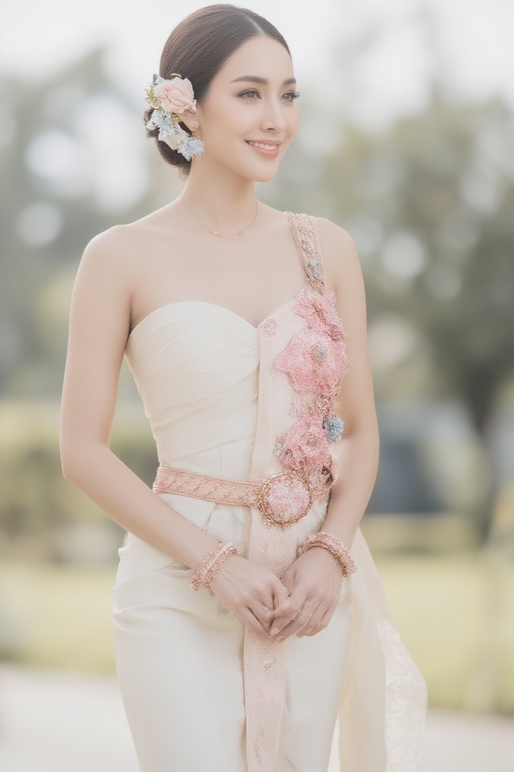 Portrait of A woman wearing a traditional Thai silk dress in soft White and pink embroidery,  accessorized blue jewelry an...