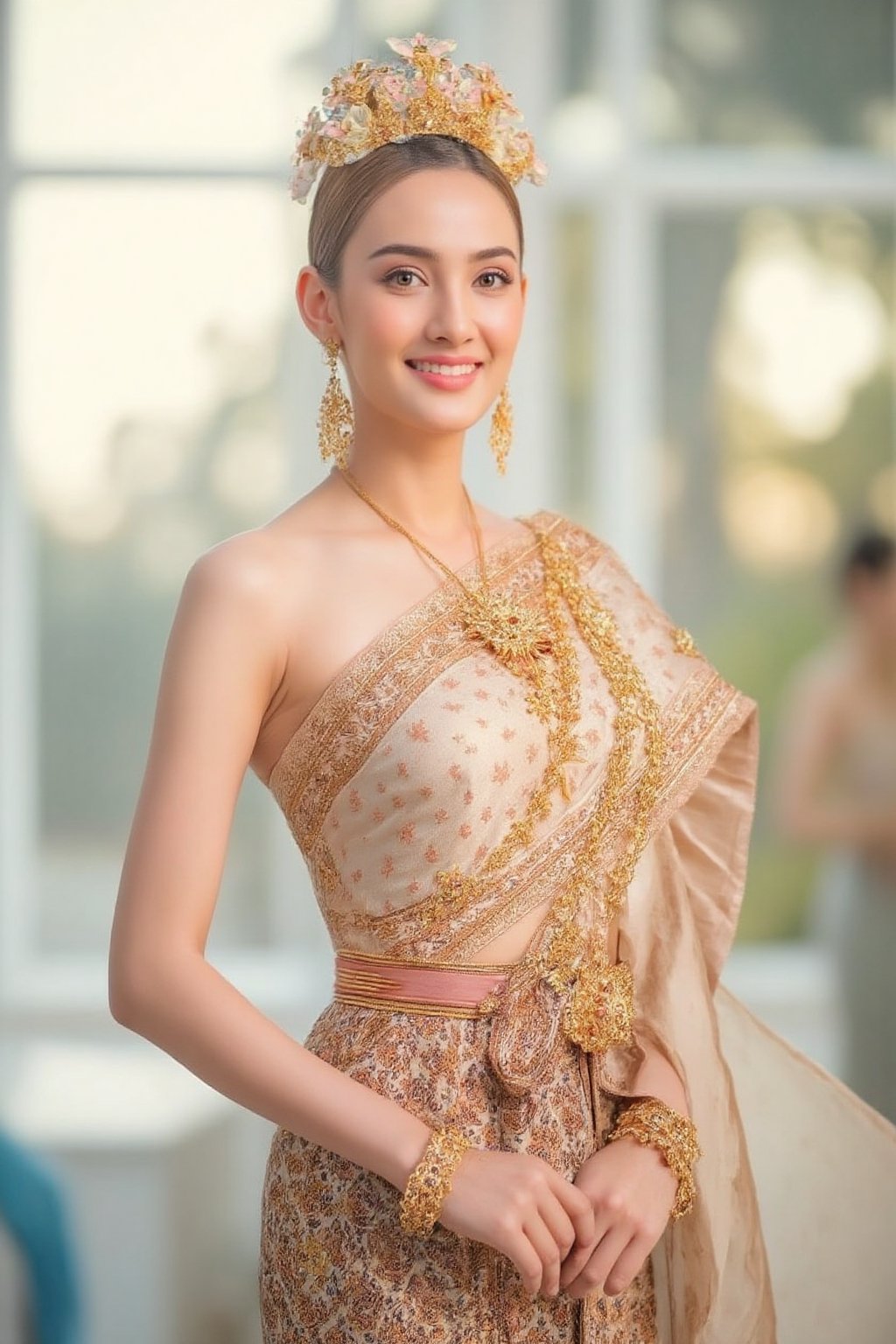 Portrait of a beautiful Thai woman Wearing a peple Thai silk dress,  embroidered and decorated with exquisite jewelry. and...