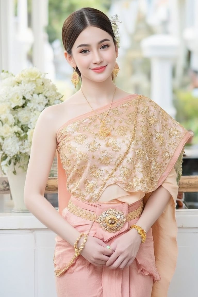 Portrait of A woman wearing a traditional Thai silk dress in soft pink and gold embroidery,  accessorized with gold jewelr...