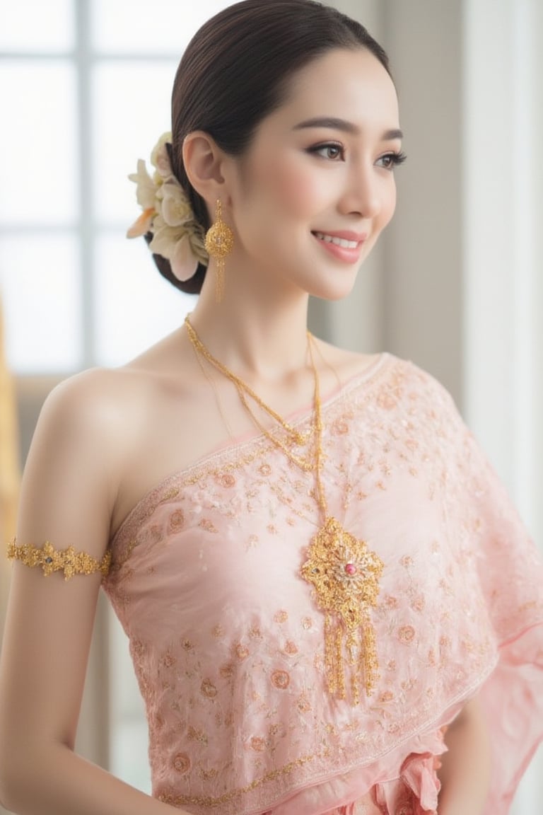 Portrait of A woman wearing a traditional Thai silk dress in soft pink and gold embroidery,  accessorized with gold jewelr...