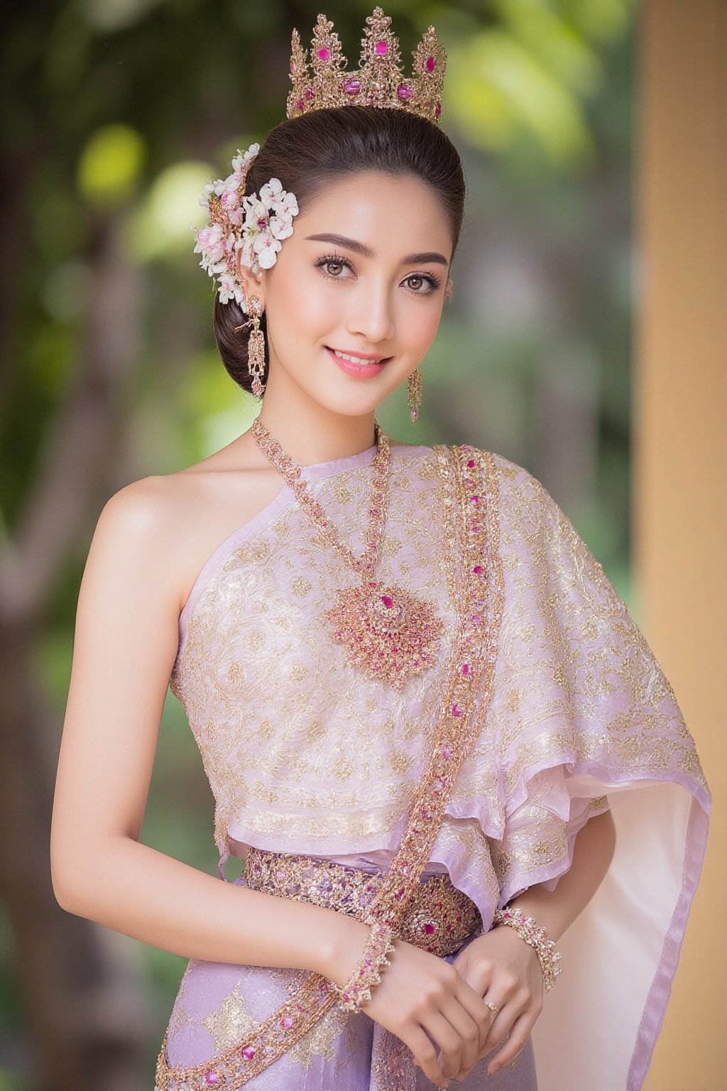 Portrait of a beautiful Thai woman Wearing a peple Thai silk dress,  embroidered and decorated with exquisite jewelry. and...