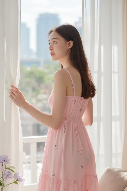 "A young woman standing by the window, wearing a soft pink nightgown with heart patterns. She is gently holding a white curtain, with sunlight streaming into the room. Behind her, the city skyline and greenery are visible through the large window. The soft light and pastel colors of the room create a calm and refreshing morning atmosphere, with a vase of light purple roses adding a delicate touch to the scene."