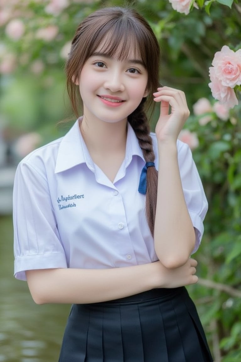 Portrait of a high school girl with shoulder-length hair, braided bangs tied with a blue bow, wearing a traditional Thai school uniform, a white short-sleeved shirt and a black skirt, standing by the water. She looks at the camera, has a charming, captivating smile, her arms are crossed and she seems to be enjoying the moment. The background is covered in flowers, suggesting that it may be a park or recreational area near the river.
