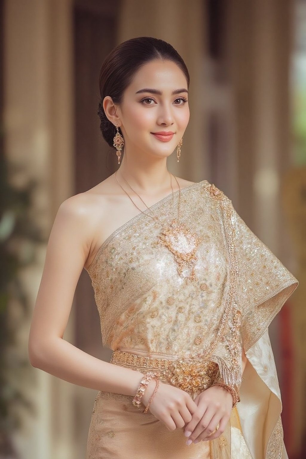 Portrait of a beautiful Thai woman Wearing a peple Thai silk dress,  embroidered and decorated with exquisite jewelry. and...
