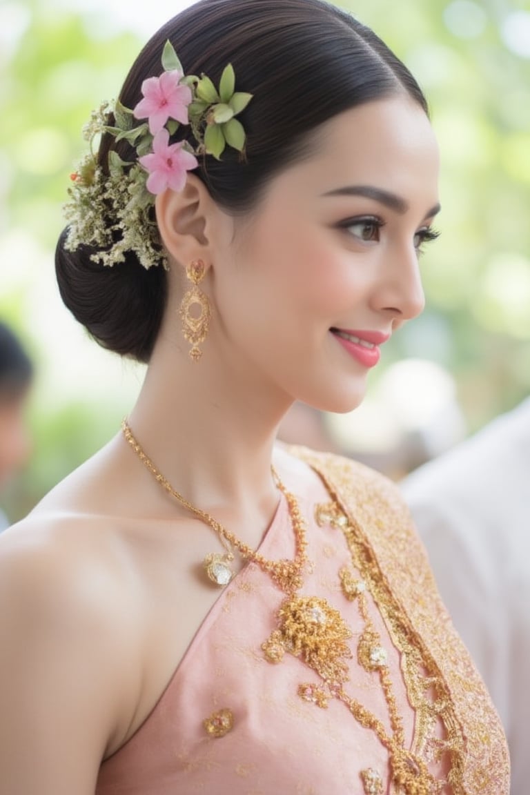 Portrait of A woman wearing a traditional Thai silk dress in soft pink and gold embroidery,  accessorized with gold jewelr...