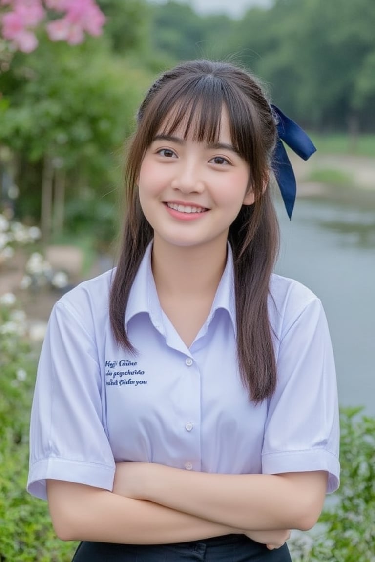 Portrait of a high school girl with shoulder-length hair, braided bangs tied with a blue bow, wearing a traditional Thai school uniform, a white short-sleeved shirt and a black skirt, standing by the water. She looks at the camera, has a charming, captivating smile, her arms are crossed and she seems to be enjoying the moment. The background is covered in flowers, suggesting that it may be a park or recreational area near the river.
