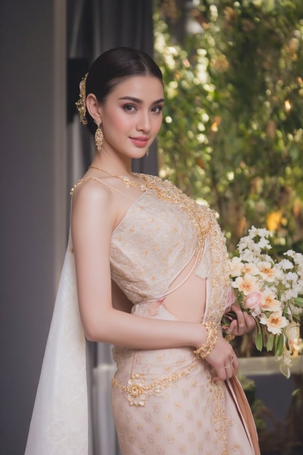 Portrait of a beautiful Thai woman Wearing a peple Thai silk dress,  embroidered and decorated with exquisite jewelry. and...
