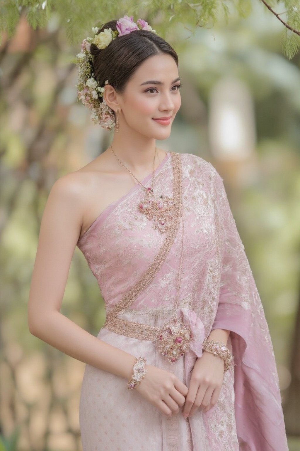 Portrait of a beautiful Thai woman Wearing a peple Thai silk dress,  embroidered and decorated with exquisite jewelry. and...
